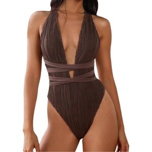 Zaful / Seamolly Brown Plunge One-Piece Swimsuit